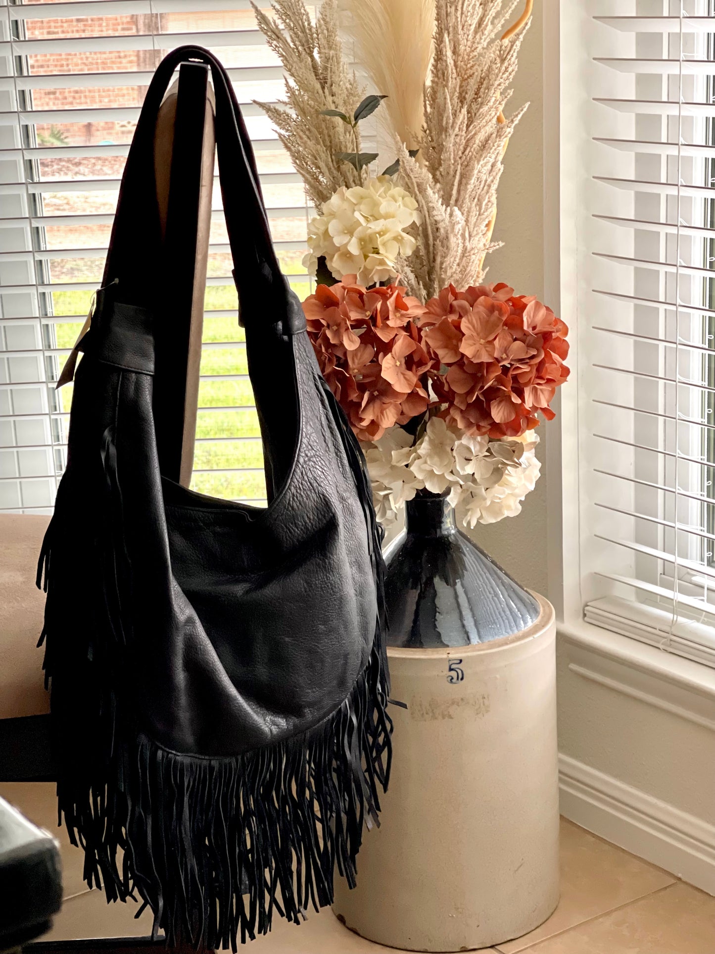 Double-Strap Black Leather Fringe Shoulder Bag