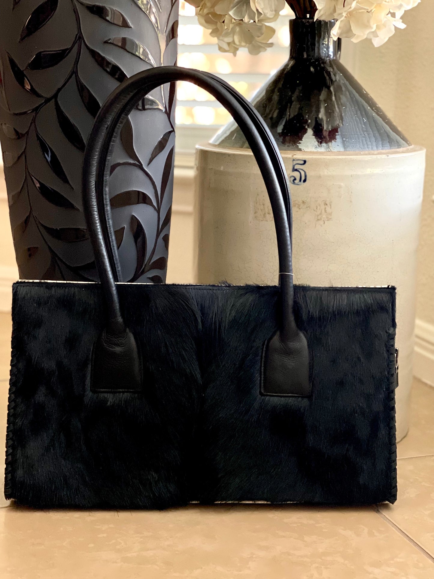 Black Antelope w/Cream Alligator  - Classic Structured Bag