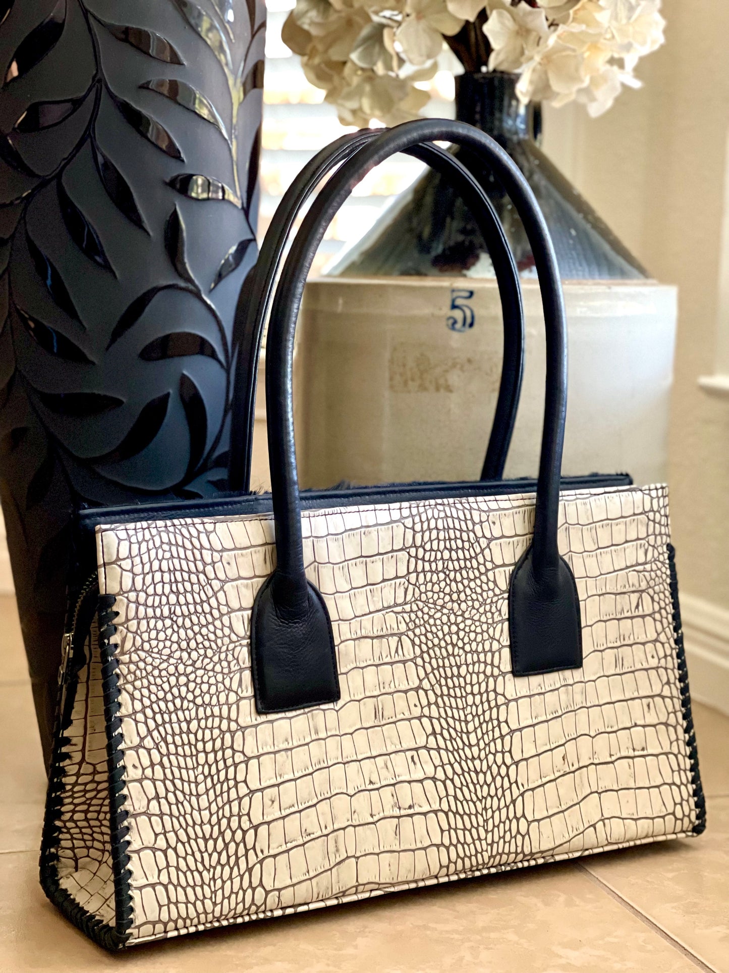 Black Antelope w/Cream Alligator  - Classic Structured Bag