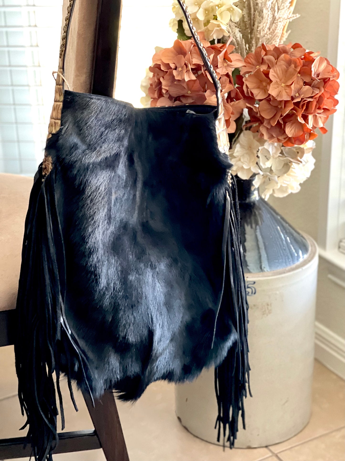 Genuine Antelope - Black Leather Bucket Shoulder Bag w/Fringe