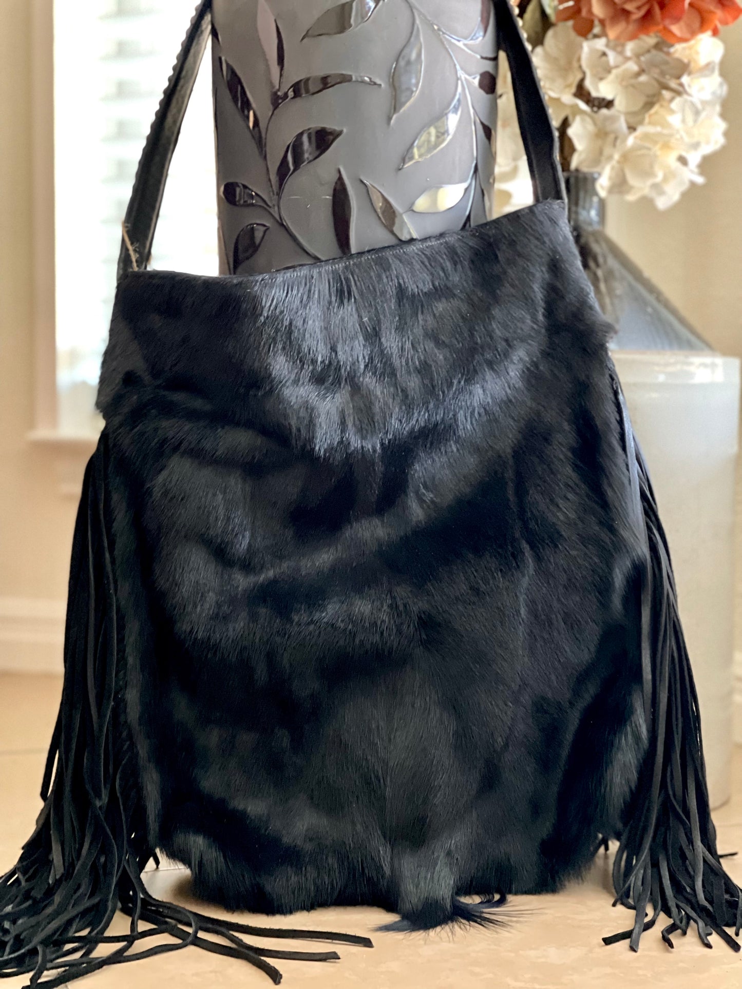 Genuine Antelope - Black Leather Bucket Shoulder Bag w/Fringe