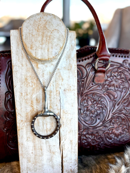 Snaffle Bit Necklace - Brown w/Silver Studs