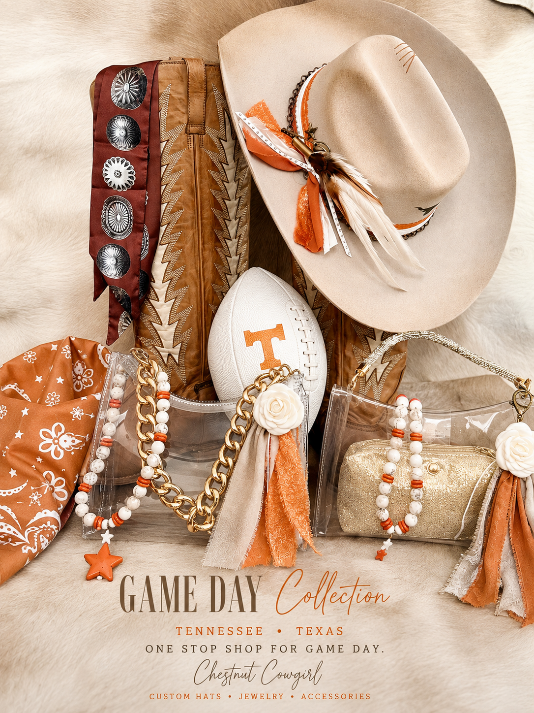 A styled flat-lay of a 'Game Day Collection' featuring a beige cowboy hat with an orange and white ribbon, a white football with an orange 'T', a brown leather belt with silver conchos, a white and orange bandana, and various white and orange jewelry accessories, all arranged on a beige faux fur background with a text overlay at the bottom.