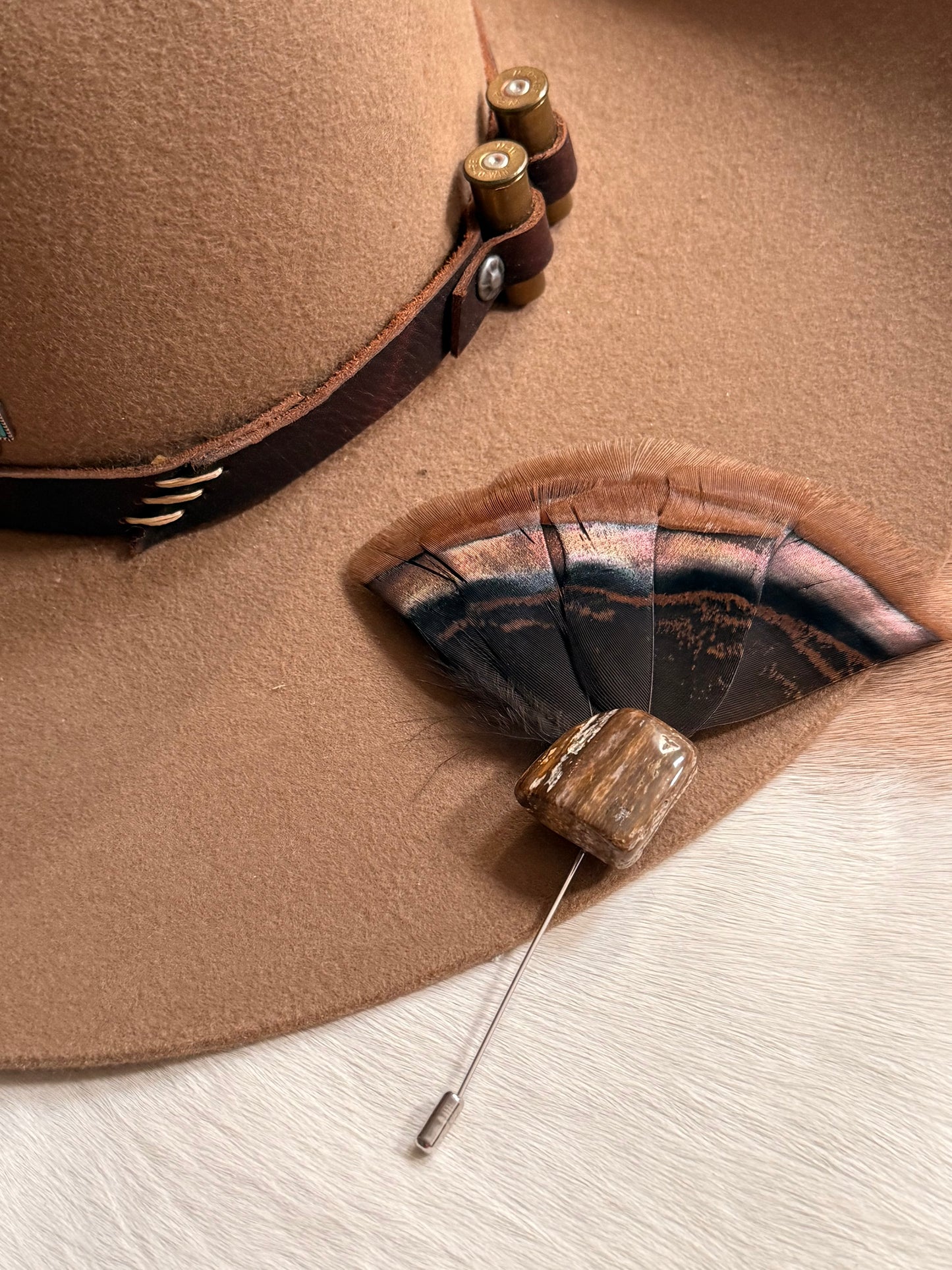 Petrified Stone & Turkey Feather - Hat Pin