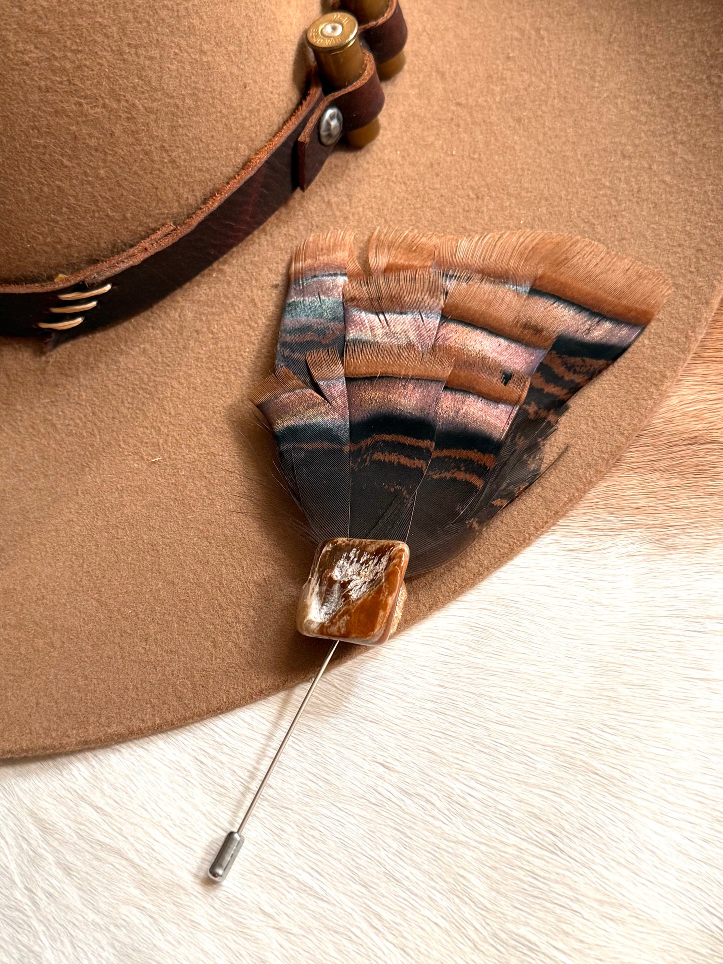 Petrified Stone & Turkey Feather - Hat Pin