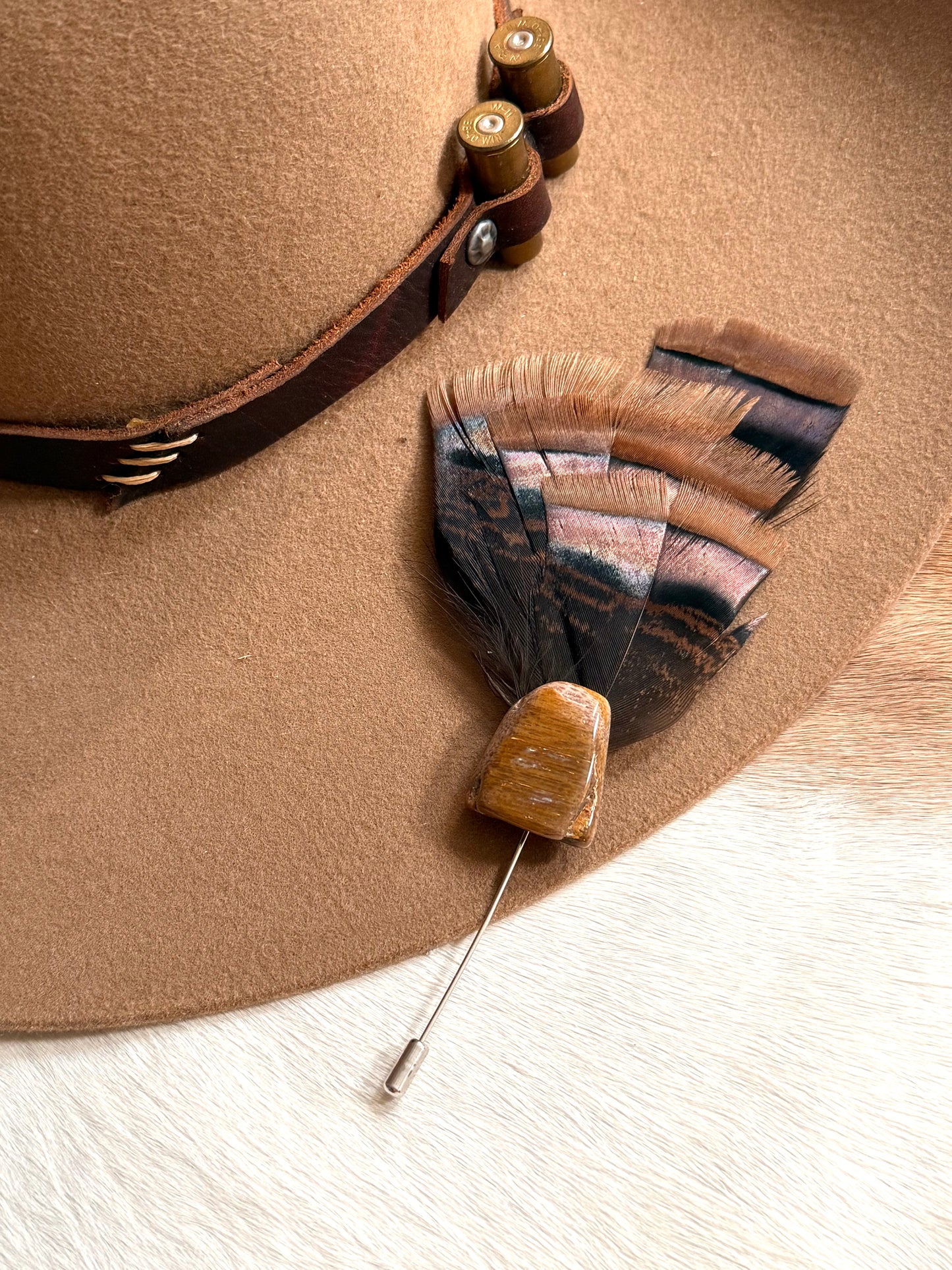 Petrified Stone & Turkey Feather - Hat Pin