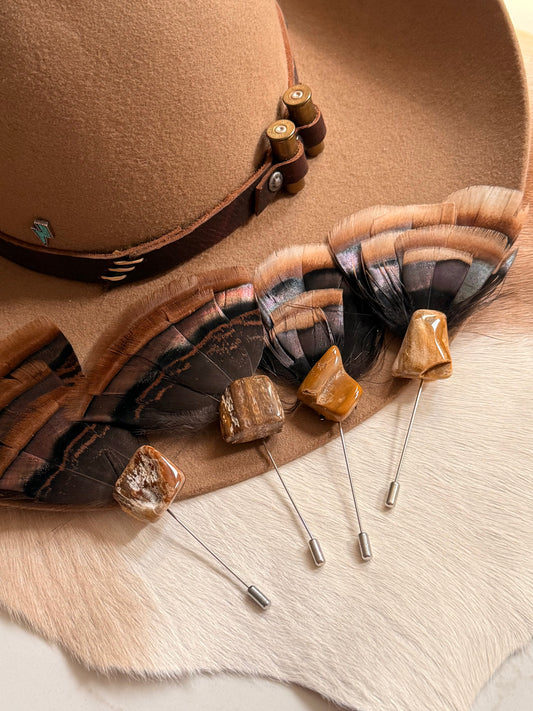 Petrified Stone & Turkey Feather - Hat Pin