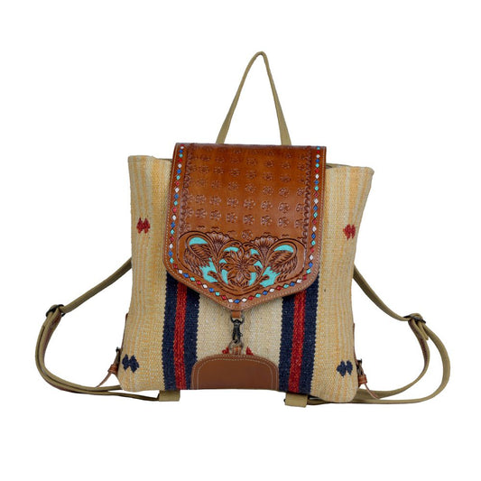 Tooled Leather and Canvas Backpack