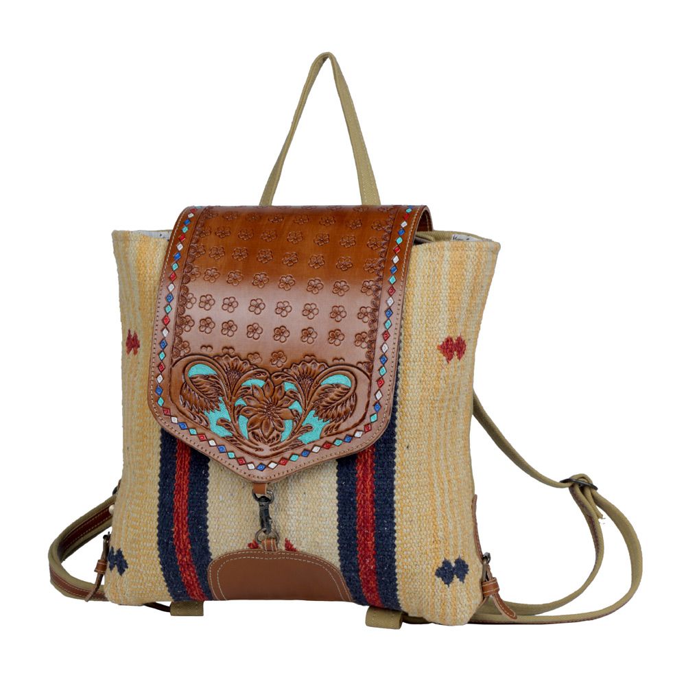 Tooled Leather and Canvas Backpack