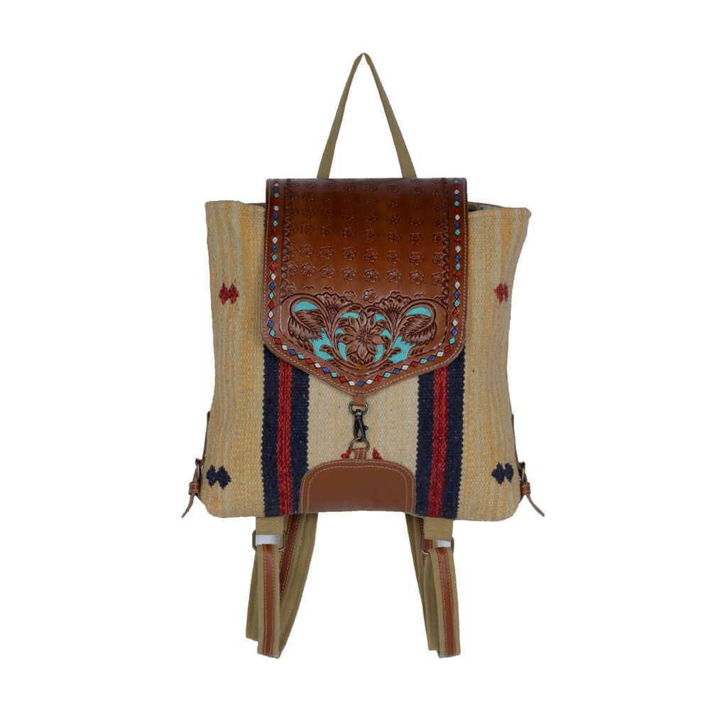 Tooled Leather and Canvas Backpack